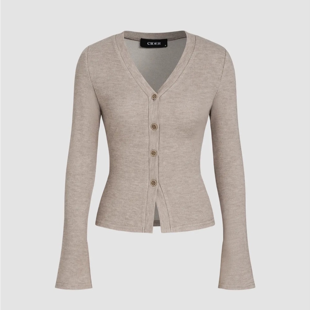 Beige Ribbed V Neck Bell Sleeve Cardigan Top